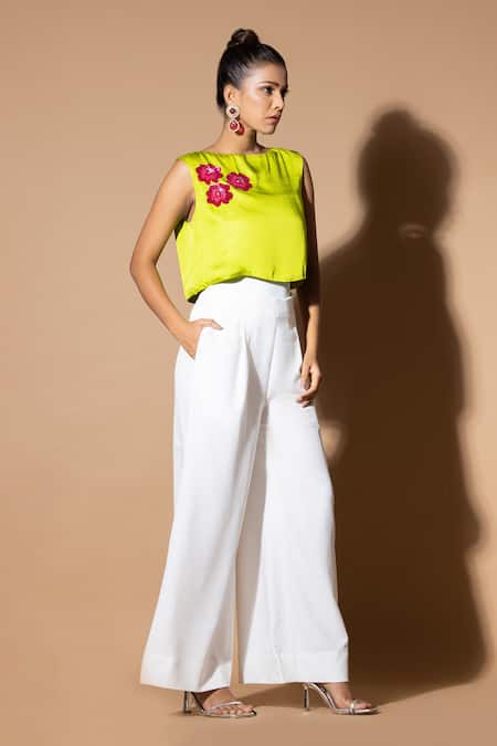 Buy_Zeefaa_Green Modal, Satin Embroidery Round Neck Floral Hand Crop Top_Online_at_Aza_Fashions