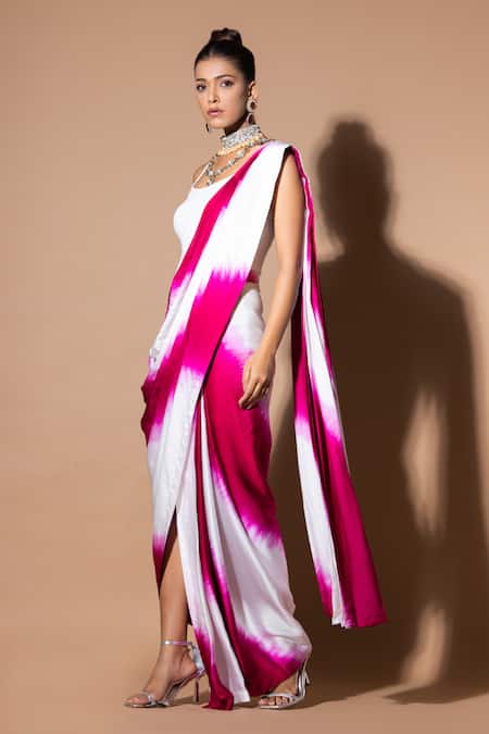 Buy_Zeefaa_Pink Modal, Satin Plain Pre-draped Saree_Online_at_Aza_Fashions