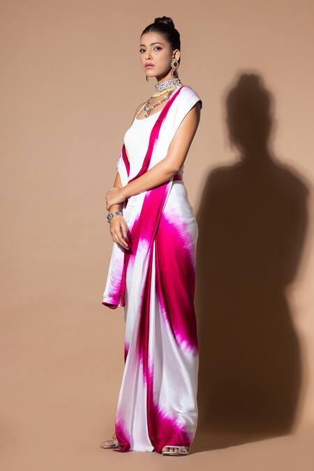 Shop_Zeefaa_Pink Modal, Satin Plain Pre-draped Saree_Online_at_Aza_Fashions