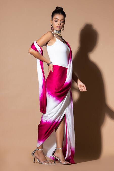 Zeefaa_Pink Modal, Satin Plain Pre-draped Saree_at_Aza_Fashions