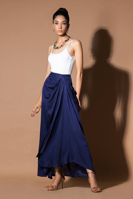 Zeefaa_Blue Modal, Satin Asymmetric Hem Wrap Skirt_Online_at_Aza_Fashions