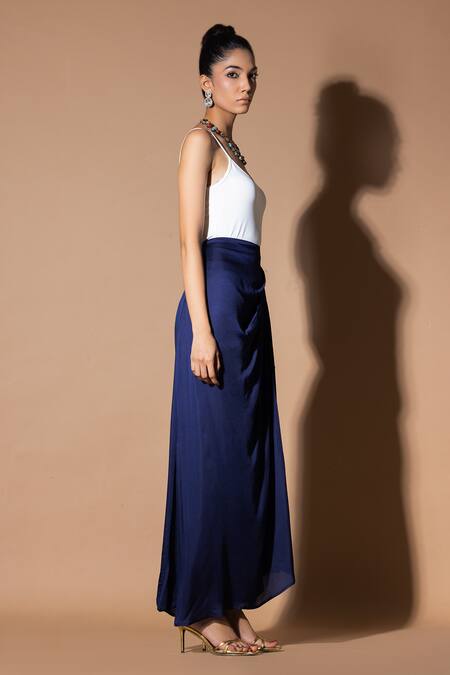 Buy_Zeefaa_Blue Modal, Satin Asymmetric Hem Wrap Skirt_Online_at_Aza_Fashions