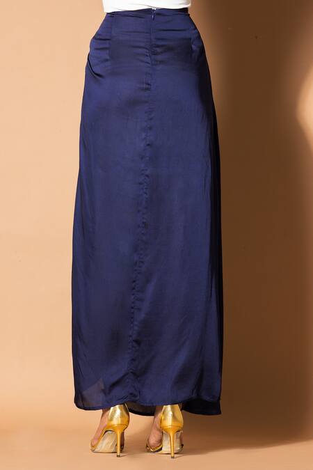 Shop_Zeefaa_Blue Modal, Satin Asymmetric Hem Wrap Skirt_Online_at_Aza_Fashions
