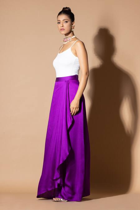 Zeefaa_Purple Modal, Satin Asymmetric Hem Draped Skirt_Online_at_Aza_Fashions