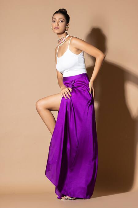 Buy_Zeefaa_Purple Modal, Satin Asymmetric Hem Draped Skirt_Online_at_Aza_Fashions