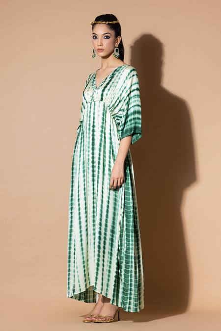 Zeefaa_Green Modal, Satin Embroidery V-neck Tie-dyed Pattern Kaftan_Online_at_Aza_Fashions