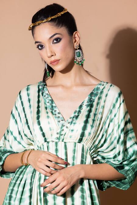 Shop_Zeefaa_Green Modal, Satin Embroidery V-neck Tie-dyed Pattern Kaftan_Online_at_Aza_Fashions