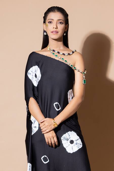 Zeefaa Black Modal, Satin Embroidery, Beads One Shoulder Abstract Kaftan Online at Aza Fashions Zeefaa_Black Modal, Satin Embroidery, Beads One Shoulder Abstract Kaftan_Online_at_Aza_Fashions