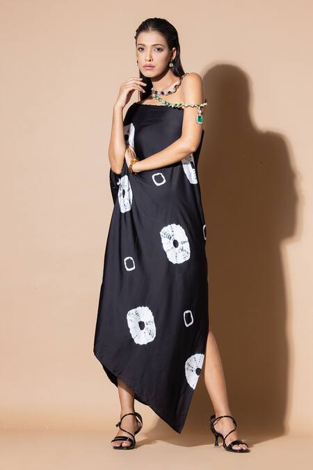 Shop Zeefaa Black Modal, Satin Embroidery, Beads One Shoulder Abstract Kaftan Online at Aza Fashions Shop_Zeefaa_Black Modal, Satin Embroidery, Beads One Shoulder Abstract Kaftan_Online_at_Aza_Fashions