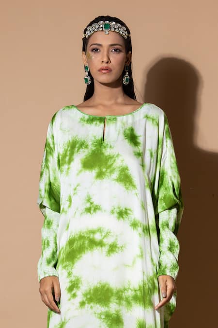 Zeefaa_Green Modal, Satin Sequins Round Neck Tie-dyed Kaftan_Online_at_Aza_Fashions