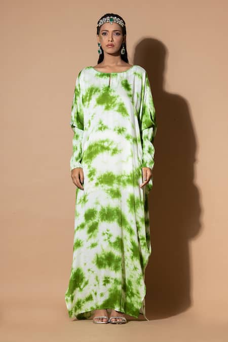 Buy_Zeefaa_Green Modal, Satin Sequins Round Neck Tie-dyed Kaftan_Online_at_Aza_Fashions