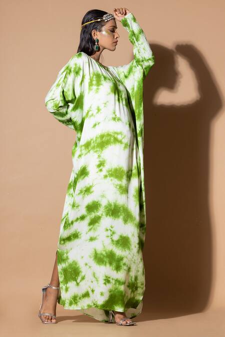 Shop_Zeefaa_Green Modal, Satin Sequins Round Neck Tie-dyed Kaftan_Online_at_Aza_Fashions