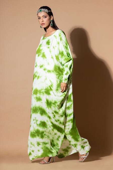 Zeefaa_Green Modal, Satin Sequins Round Neck Tie-dyed Kaftan_at_Aza_Fashions