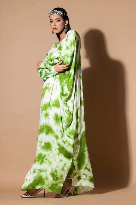 Buy_Zeefaa_Green Modal, Satin Sequins Round Neck Tie-dyed Kaftan
