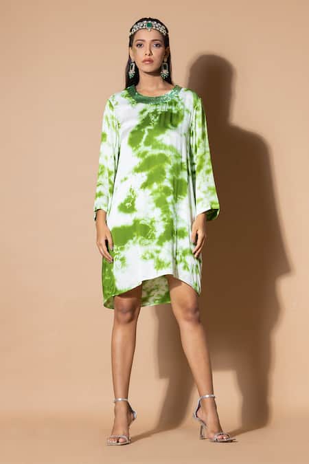 Zeefaa_Green Modal, Satin Sequins Round Neck Tie-dye Pattern Dress_Online_at_Aza_Fashions