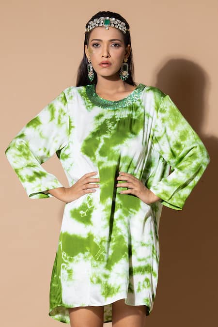 Buy_Zeefaa_Green Modal, Satin Sequins Round Neck Tie-dye Pattern Dress_Online_at_Aza_Fashions