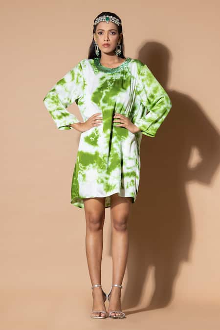 Shop_Zeefaa_Green Modal, Satin Sequins Round Neck Tie-dye Pattern Dress_Online_at_Aza_Fashions