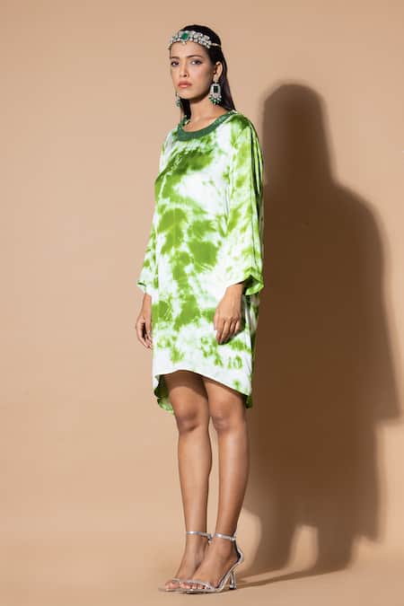 Zeefaa_Green Modal, Satin Sequins Round Neck Tie-dye Pattern Dress_at_Aza_Fashions