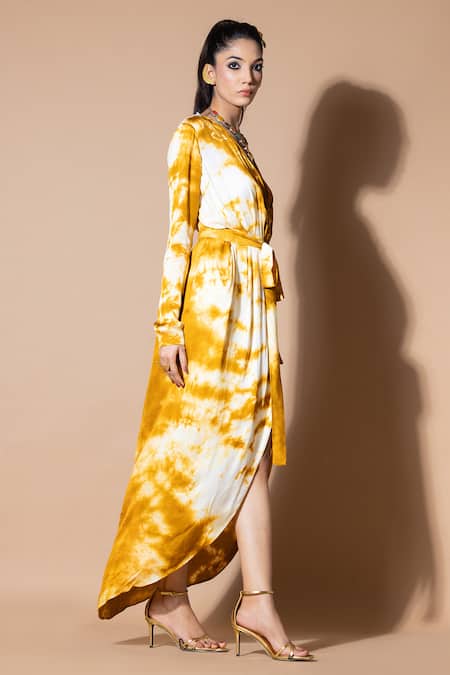 Buy_Zeefaa_Yellow Modal, Satin V-neck Ochre Tie-dye Midi Dress_Online_at_Aza_Fashions