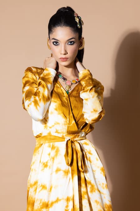 Shop_Zeefaa_Yellow Modal, Satin V-neck Ochre Tie-dye Midi Dress_Online_at_Aza_Fashions