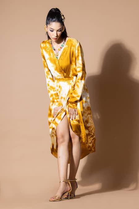 Zeefaa_Yellow Modal, Satin V-neck Ochre Tie-dye Midi Dress_at_Aza_Fashions
