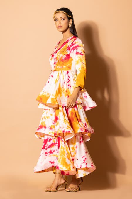 Zeefaa_Yellow Modal, Satin V-neck Tie-dyed Pattern Dress_Online_at_Aza_Fashions