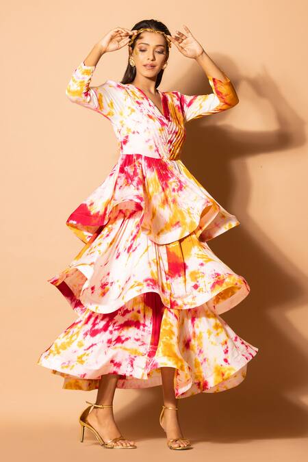 Buy_Zeefaa_Yellow Modal, Satin V-neck Tie-dyed Pattern Dress_Online_at_Aza_Fashions