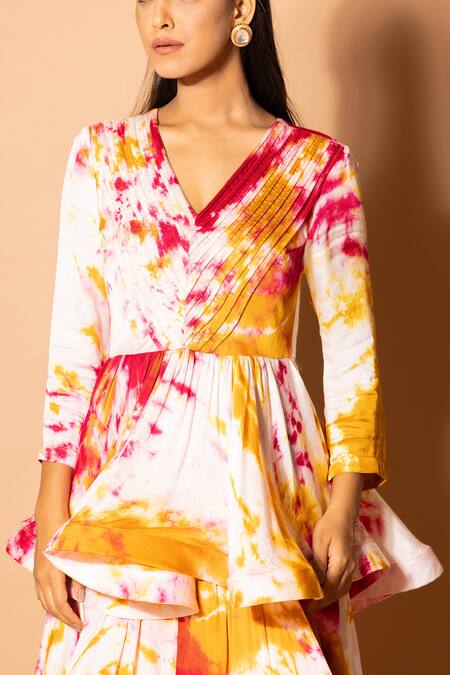 Shop_Zeefaa_Yellow Modal, Satin V-neck Tie-dyed Pattern Dress_Online_at_Aza_Fashions