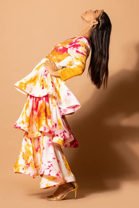 Zeefaa_Yellow Modal, Satin V-neck Tie-dyed Pattern Dress_at_Aza_Fashions