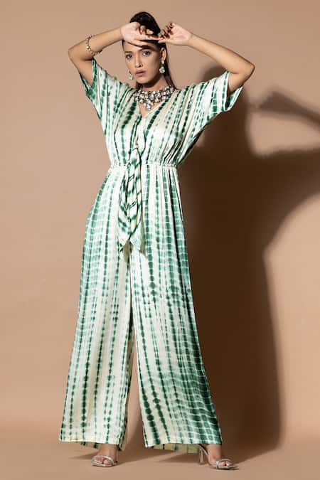 Zeefaa_Green Modal, Satin V-neck Tie-dyed Pattern Jumpsuit_Online_at_Aza_Fashions