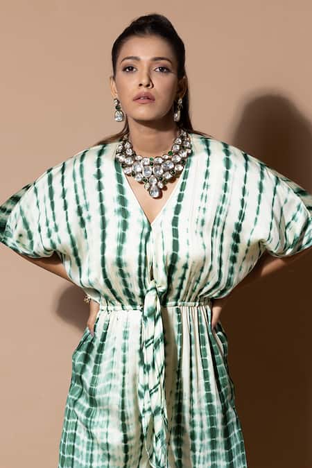 Buy_Zeefaa_Green Modal, Satin V-neck Tie-dyed Pattern Jumpsuit_Online_at_Aza_Fashions
