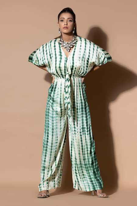 Shop_Zeefaa_Green Modal, Satin V-neck Tie-dyed Pattern Jumpsuit_Online_at_Aza_Fashions