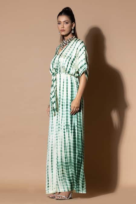 Zeefaa_Green Modal, Satin V-neck Tie-dyed Pattern Jumpsuit_at_Aza_Fashions