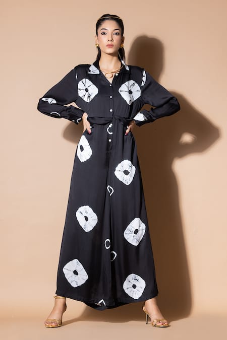 Shop_Zeefaa_Black Modal, Satin Collared Tie-dyed Pattern Full Sleeve Jumpsuit_Online_at_Aza_Fashions