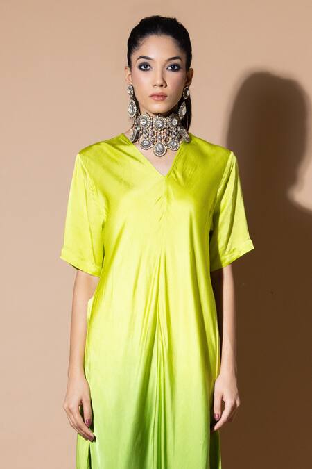 Zeefaa_Green Modal, Satin V-neck V Maxi Dress_Online_at_Aza_Fashions