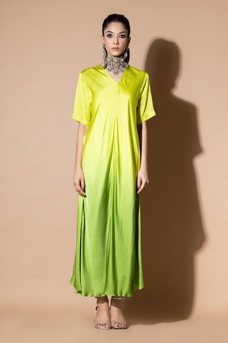 Buy_Zeefaa_Green Modal, Satin V-neck V Maxi Dress_Online_at_Aza_Fashions
