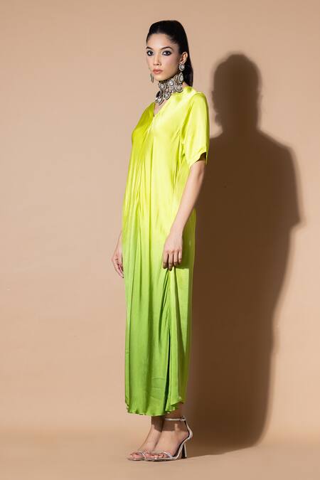 Shop_Zeefaa_Green Modal, Satin V-neck V Maxi Dress_Online_at_Aza_Fashions