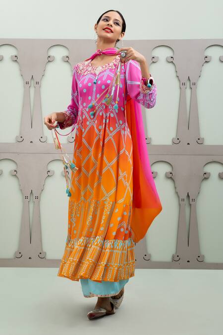 Lila Multi Color Crepe Pearls, Zari Bidri Foliage Pattern Ombre Anarkali Pant Set at Aza Fashions Lila_Multi Color Crepe Pearls, Zari Bidri Foliage Pattern Ombre Anarkali Pant Set_at_Aza_Fashions