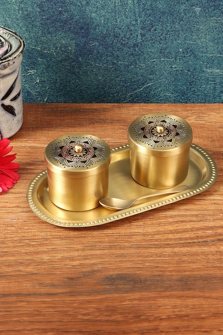 Nakshikathaa - Homeware Utsav Brass Condiment Jars With Tray & Spoon 