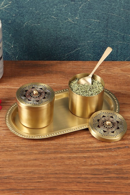 Nakshikathaa - Homeware Utsav Brass Condiment Jars With Tray & Spoon 