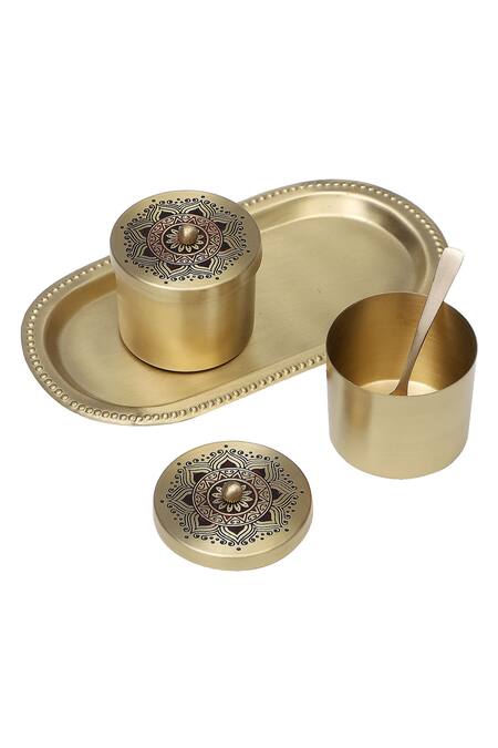 Nakshikathaa - Homeware_Gold Alloy Utsav Brass Condiment Jars With Tray And Spoon _Online_at_Aza_Fashions