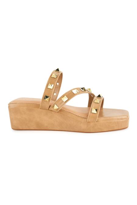 Shop_Kaltheos_Beige Embellished Cube Square Toe Wedges_Online_at_Aza_Fashions