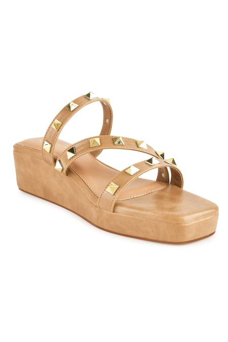 Buy_Kaltheos_Beige Embellished Cube Square Toe Wedges