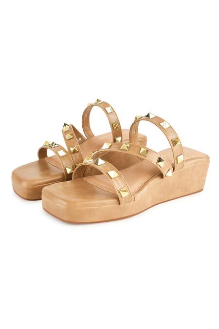Shop_Kaltheos_Beige Embellished Cube Square Toe Wedges