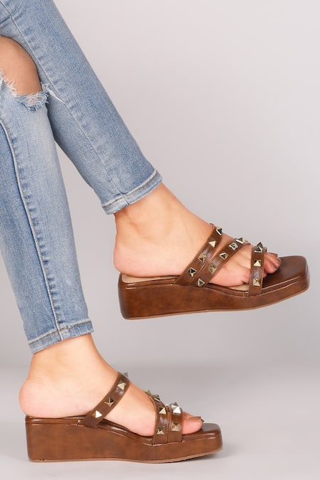 Kaltheos Brown Embellished Cube Square Toe Strap Wedges 