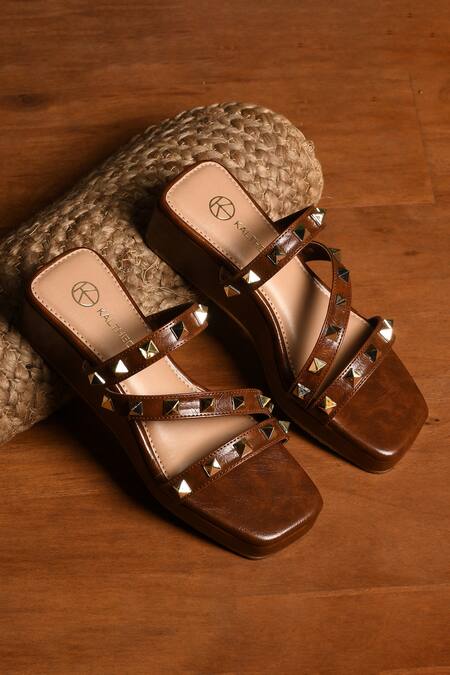 Shop_Kaltheos_Brown Embellished Cube Square Toe Strap Wedges_at_Aza_Fashions