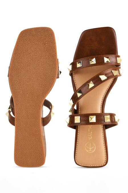 Kaltheos Brown Embellished Cube Square Toe Strap Wedges Online at Aza Fashions Kaltheos_Brown Embellished Cube Square Toe Strap Wedges_Online_at_Aza_Fashions