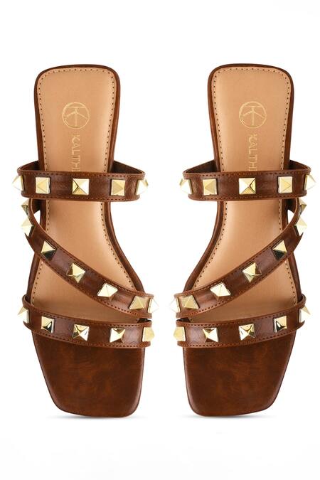 Buy Kaltheos Brown Embellished Cube Square Toe Strap Wedges Online at Aza Fashions Buy_Kaltheos_Brown Embellished Cube Square Toe Strap Wedges_Online_at_Aza_Fashions
