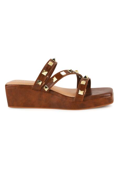 Shop_Kaltheos_Brown Embellished Cube Square Toe Strap Wedges_Online_at_Aza_Fashions