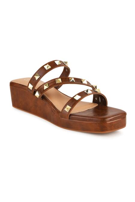 Kaltheos_Brown Embellished Cube Square Toe Strap Wedges_at_Aza_Fashions